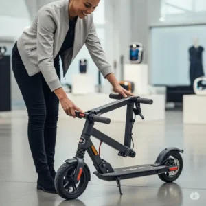 A person demonstrating the easy one-touch folding mechanism of the Bugatti scooter, making it convenient for transport and storage