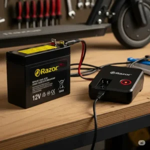A razor motor scooter battery connected to its charger, with an indicator light showing the charging status.