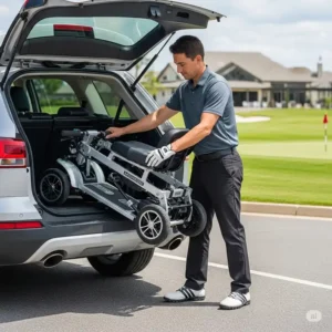 A compact golf scooter being loaded into the back of a car, illustrating its portability and convenience for golfers who travel to different courses.