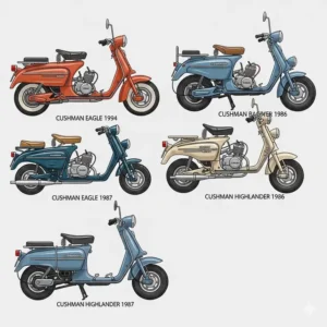 A side-by-side comparison of different Cushman motor scooter models, including the Eagle and Highlander, to show the evolution of the design.