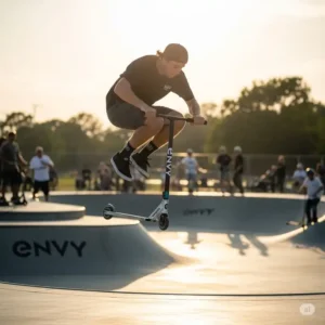 A rider performing a trick on an envy scooter at a local skatepark, demonstrating the scooter's performance capabilities.