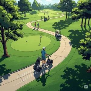 An aerial view illustration showing a finn golf scooter navigating a golf course path, demonstrating its ability to keep up with the pace of play.