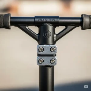 Detailed view of a fuzion scooter's T-bar handlebars and a double-clamp, emphasizing the secure and ergonomic grip.