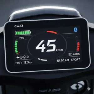 The digital dashboard of a GIO electric scooter, displaying speed, battery life, and other essential rider information.