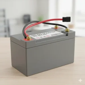 A close-up of a sealed lead-acid (SLA) go go scooter battery, highlighting the terminal connections.