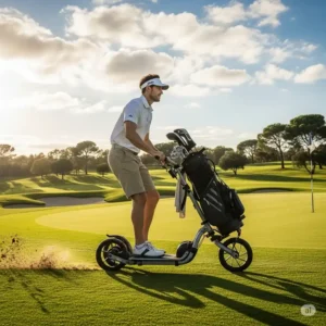 A golfer is riding an electric golf trolley scooter, viewed from the side.