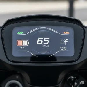 A detailed view of the gx zero dual motor electric scooter's digital dashboard, displaying speed, battery life, and ride modes.