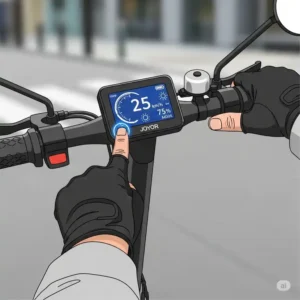 n illustration of the Joyor scooter's intuitive handlebar display, showing the rider checking speed, battery life, and other key stats.