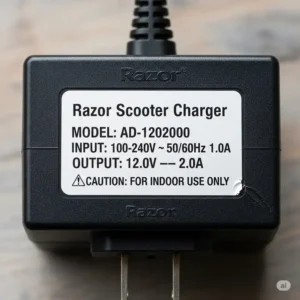 A detailed label on a razor electric scooter charger shows its voltage, amperage, and model number.