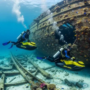 Two scuba divers using sea doo scooters to navigate an underwater shipwreck.