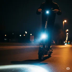 The bright LED headlight of a turboant scooter illuminating the path during a nighttime ride.
