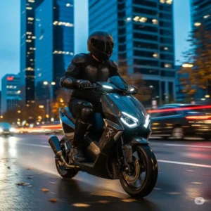 An urban rider on a carbon armor scooter navigates city streets.