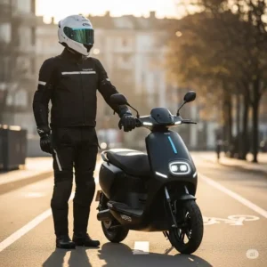 A rider in full safety gear, including a helmet, standing next to a sleek weped scooter, emphasizing safe riding practices.
