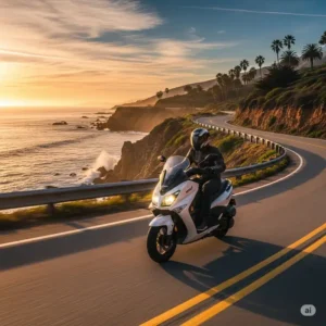 A wide-angle view of a rider on a white wolf scooter cruising down a scenic coastal road