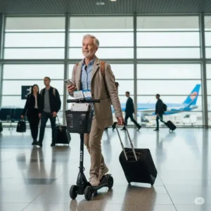 A traveler effortlessly navigates an airport terminal with their atto scooter, emphasizing its suitability for air travel.