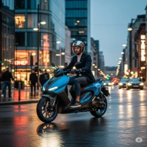 A stylish rider gliding through a city street on the Bugatti electric scooter, showcasing its agility and performance in an urban environment.