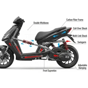 A diagram illustrates the smooth suspension system of the carbon armor scooter.