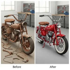 A before-and-after illustration of a Cushman motor scooter restoration project, showcasing the transformation from a rusted frame to a fully refurbished vehicle.