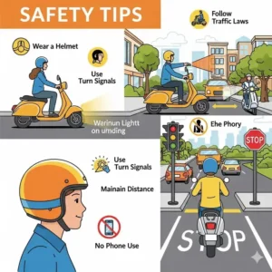 An illustration depicting several safety tips for drive scooter, including wearing a helmet, following traffic rules, and using turn signals.