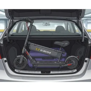  Illustration of a folded ez scooter in a car trunk.