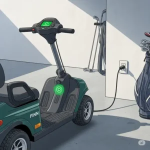 An illustration of the finn golf scooter plugged into a standard electrical outlet, with a visual indicator showing its battery is charging.