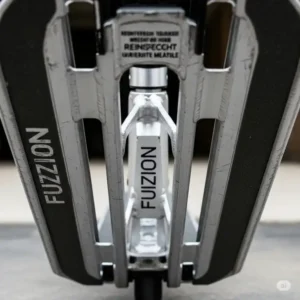 An underside view of a fuzion scooter's deck, showing the lightweight aluminum construction and reinforced neck.
