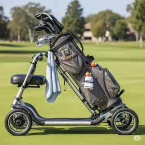 A side view of a golf cart scooter with a secure bag holder, showing how it efficiently carries golf clubs and other accessories.
