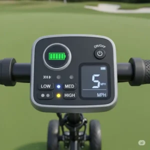 The control panel of the golf trolley scooter's handlebars is shown in a clear image.