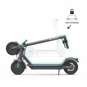 An illustration of the gx zero dual motor electric scooter's compact folding mechanism for easy storage and portability.