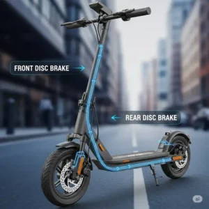 A detailed illustration of the Joyor scooter's responsive and reliable dual braking system, emphasizing safety and control for riders.