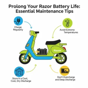 A graphic illustrating essential maintenance tips to prolong the life of a razor motor scooter battery, such as proper storage and charging habits.