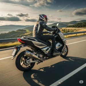 A person riding a scooter that looks like a motorbike on an open road, demonstrating its performance and handling.