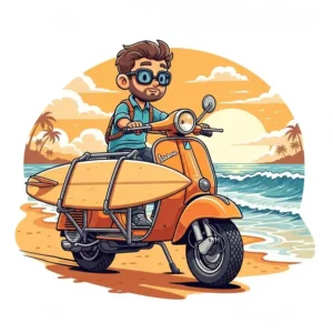 n illustration of a beach scooter equipped with a surfboard rack. This visual demonstrates how the scooter can be used to transport gear, appealing to surfers and water sports enthusiasts.