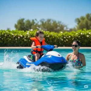 A child safely enjoying a sea doo aqua scooter in a swimming pool with adult supervision.