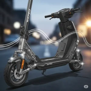 An illustration focusing on the advanced dual suspension system of a weped scooter, demonstrating its smooth and comfortable ride.