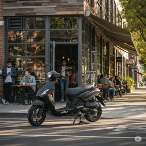 A wolf scooter parked in front of a trendy cafe, highlighting its urban convenience
