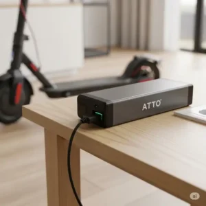 The removable battery of an atto scooter is being charged, showcasing the convenience of its long-lasting power source.