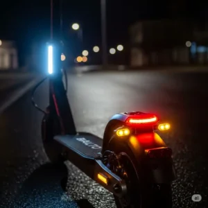 A shot of the integrated LED headlights and tail lights on a Glion balto scooter for sale nationwide, highlighting its safety features.