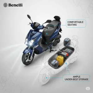 A graphic showcasing key features of a Benelli scooter, including its LED lights, comfortable seat, and spacious under-seat storage compartment.
