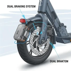 An illustration of the dual braking system on the bless reach scooter, featuring both the electronic and disc brakes for enhanced safety.