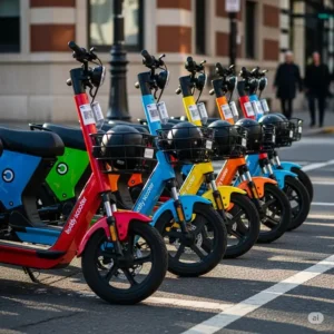 A row of brightly colored buddy scooters parked neatly on a city street, ready for use.
