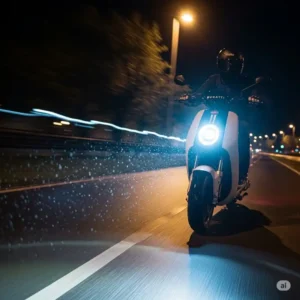 The powerful, built-in LED headlight of the Bugatti electric scooter, illuminating the path for safe night riding.