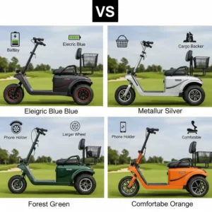 A comparison of various single-rider golf scooter models, highlighting differences in design, features, and color options for potential buyers.