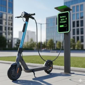 A green electric scooter plugged into a charging station, with a digital display showing the battery status to drive scooter efficiently.