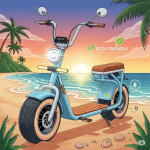 An illustration showcasing the design of a modern, electric beach scooter. The image can be used to discuss the environmental benefits and features of eco-friendly models.