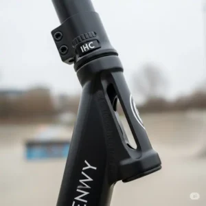 An angled shot of the envy scooter Prodigy's durable forks, emphasizing the lightweight design and compression system.