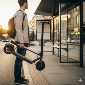 Person holding a folded ez scooter at a bus stop.