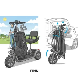An illustration depicting how the finn golf scooter can be folded down for easy transport in a car or storage in a garage.