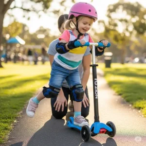 A young child learns to balance on a fuzion scooter, demonstrating its suitability for beginner riders.