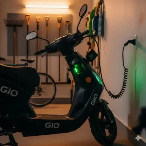 A GIO electric scooter plugged in and charging at a home outlet, illustrating its easy and efficient charging process.
